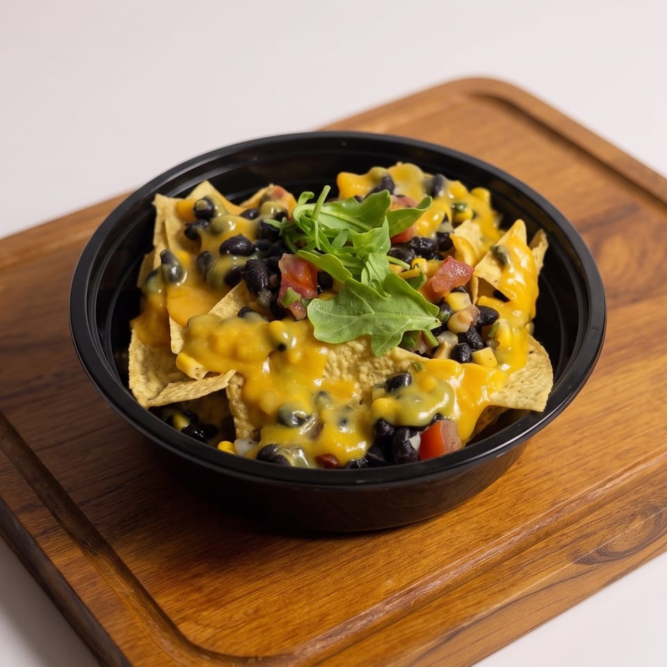 Loaded nachos topped with melted cheese, black beans, diced tomatoes, and leafy greens in a black bowl on a wooden board.