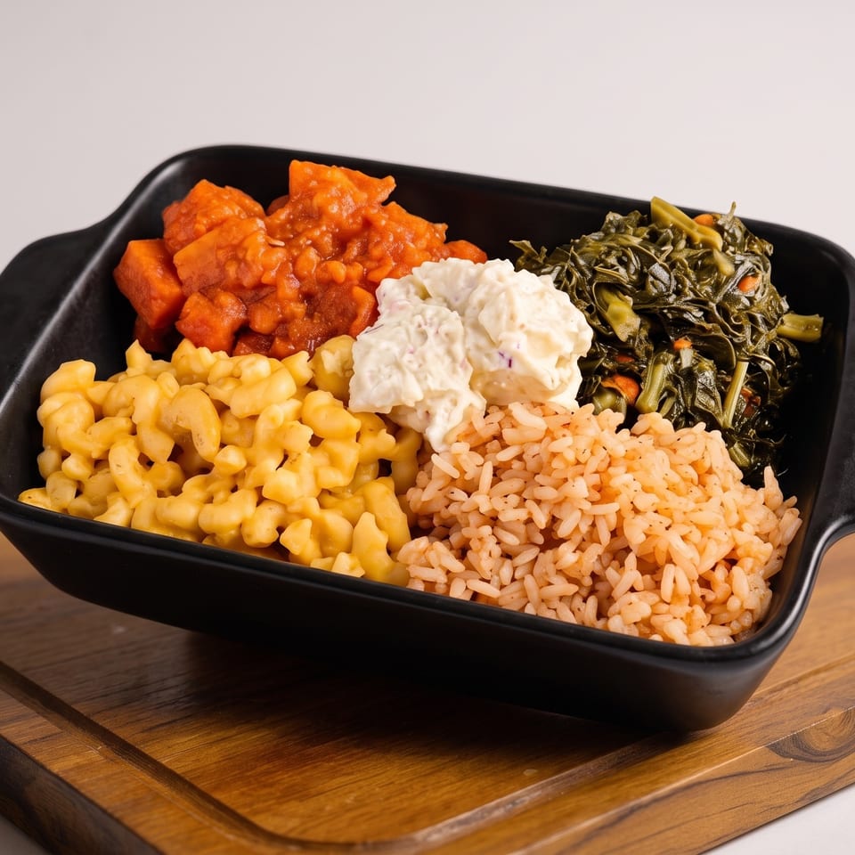 Black serving dish filled with macaroni and cheese, rice, stewed vegetables, creamy coleslaw, and greens on a wooden board.