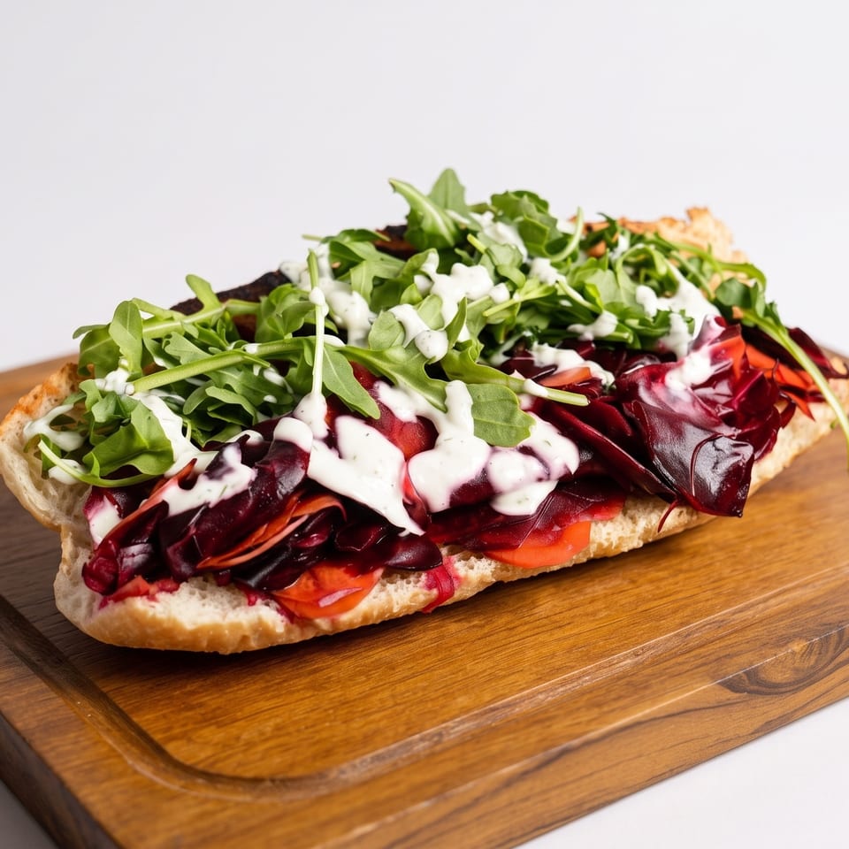 Open-faced sandwich topped with roasted beets, carrots, arugula, and creamy white dressing on a wooden serving board.
